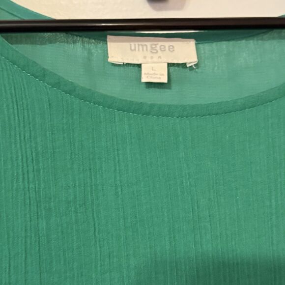 UMGEE Green Gauzy Tunic Top w Flower Crochet Sleeves Fringe Hem Cottagecore Lg - Picture 4 of 11